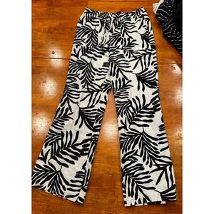 HG Women’s Large Black White Tropical Palm Leaf Print Wide Leg Pull-On Pants Lg
